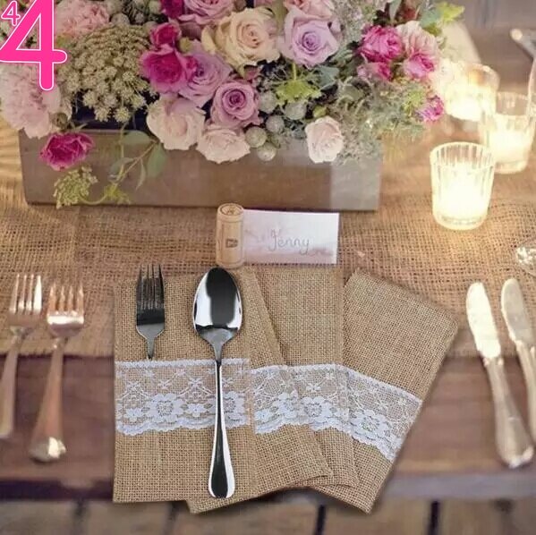 10pcs Vintage 4"x8" Hessian Burlap Lace Wedding Tableware Pouch Cutlery Holder Decorations Favor