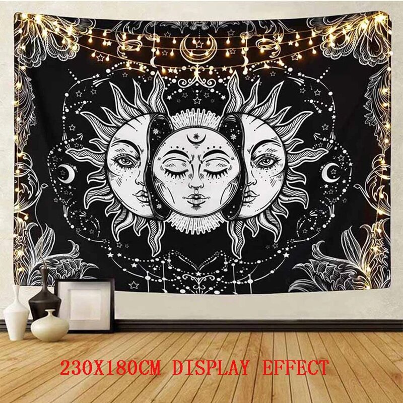 曼荼羅-太陽と月の形をした白と黒の壁のタペストリー,ヒッピーの壁のタペストリー,寝室の装飾,毛布,95x73cm