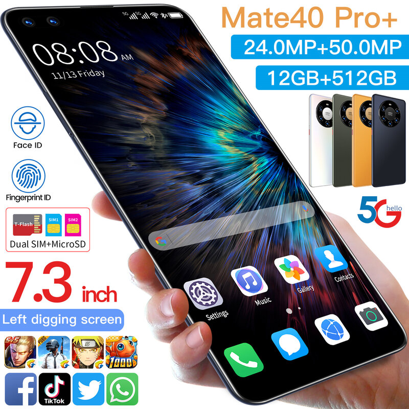 Smartphone mate40 pro + 7.3 Polegada andriod10.0 12 + 512g face id do telefone móvel mtk6889 duplo cartão sim versão global celular