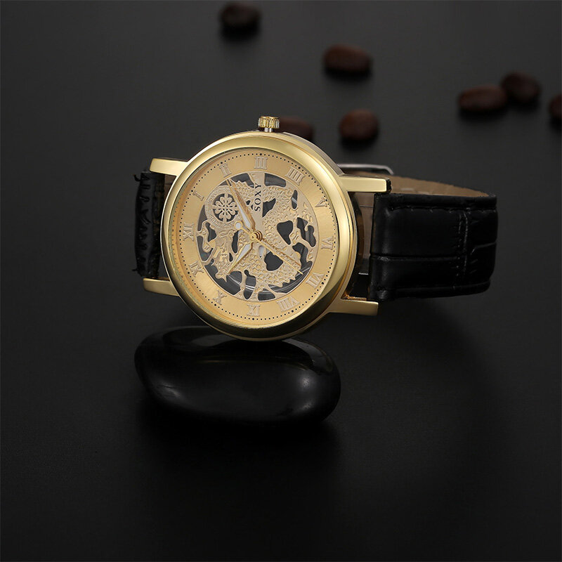 Moda oco para fora esqueleto dial relógios de quartzo afastamento relógio masculino couro analógico relógio hombre hora relogio masculin