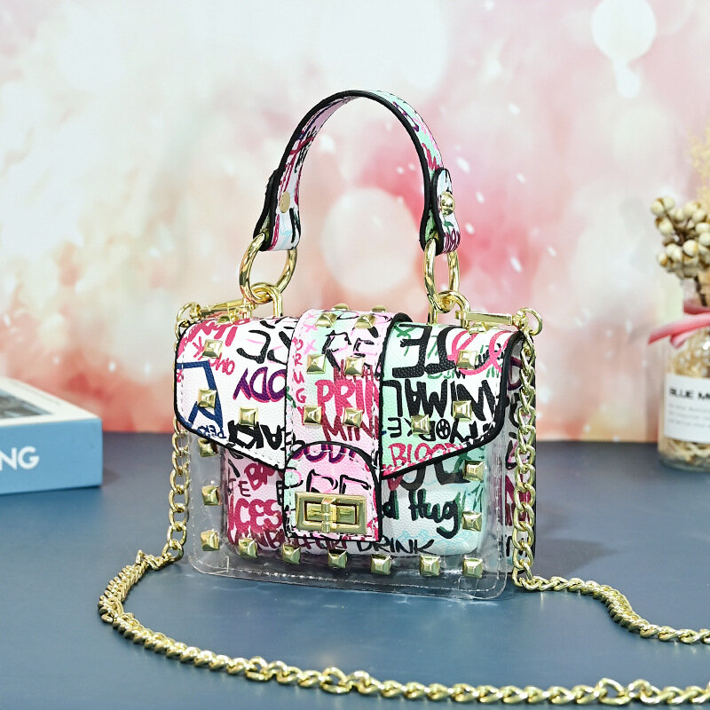 Borsa a tracolla moda catena donna rivetto borsa Graffiti trasparente borsa a tracolla in PVC borsa trasparente borse alla moda in gelatina per donna