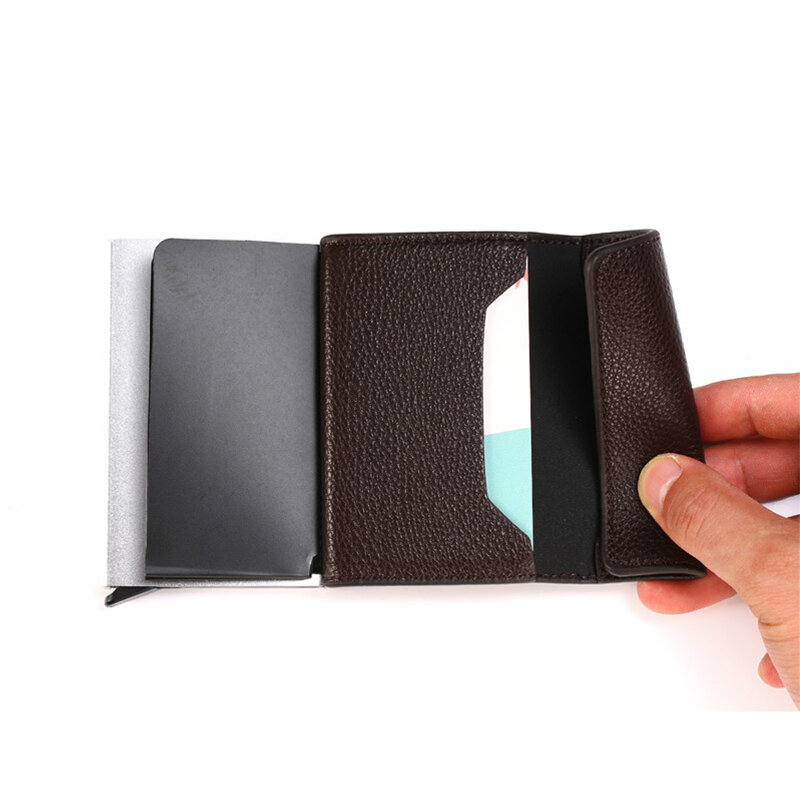 ZOVYVOL New RFID Pop-Up Card Holder Aluminum Box Litchi Soft Leather Card Case Information Protector Security Slim ID Card Case