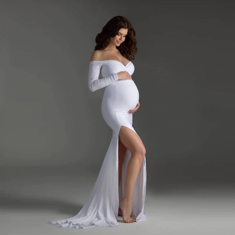 Sexy shoulderless vestidos de maternidade para sessão de fotos maxi vestido divisão lado das mulheres grávidas fotografia adereços longo vestido de gravidez