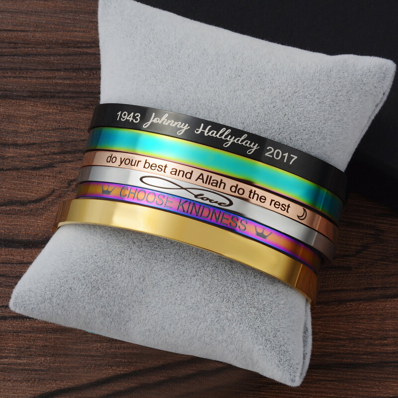 Pulsera de oro rosa personalizada con láser grabado positivo y inspirador brazalete Mantra pulseras regalos de aniversario para mujeres SL-009