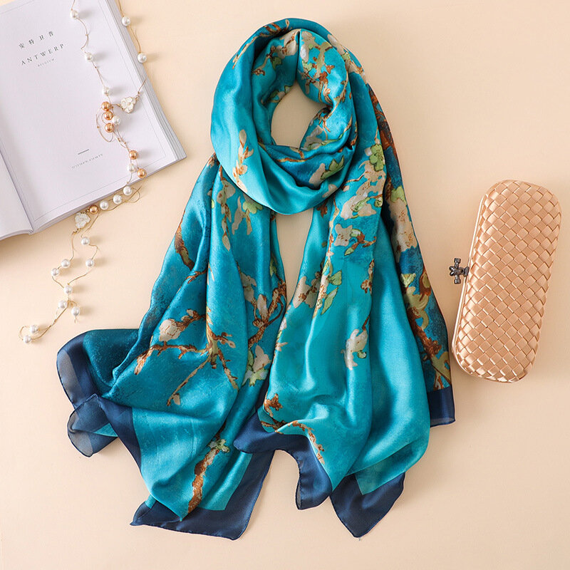 Гладким шелковым материалом шарф для Для женщин Цветочный принт элегантные шарфы из пашмины женский платок хиджаб роскошные шелковые плат...
