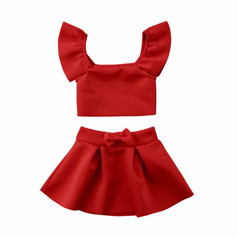 2020 nowych moda dziewczyny czerwone ubrania zestawy maluch dzieci Off Shoulder topy spódnica z kokardą 2 sztuk letnie ubranie dla 0-4 lat