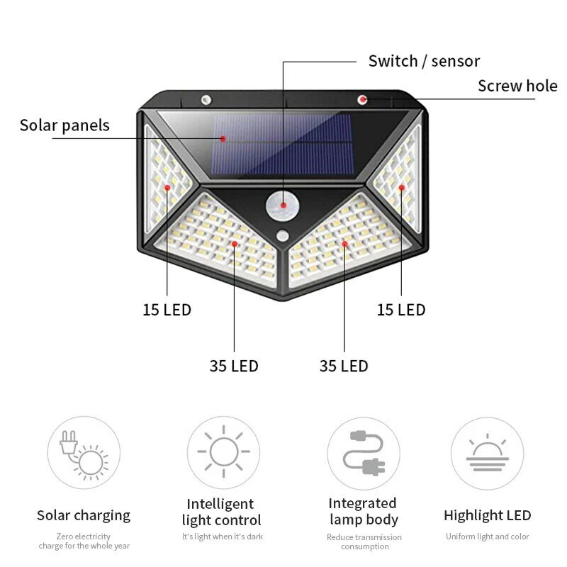 Lámpara Solar con Sensor de movimiento para exteriores, lámpara de pared Con 3 modos, PIR, para camino de jardín, alumbrado público, 100 Luces Solares LED