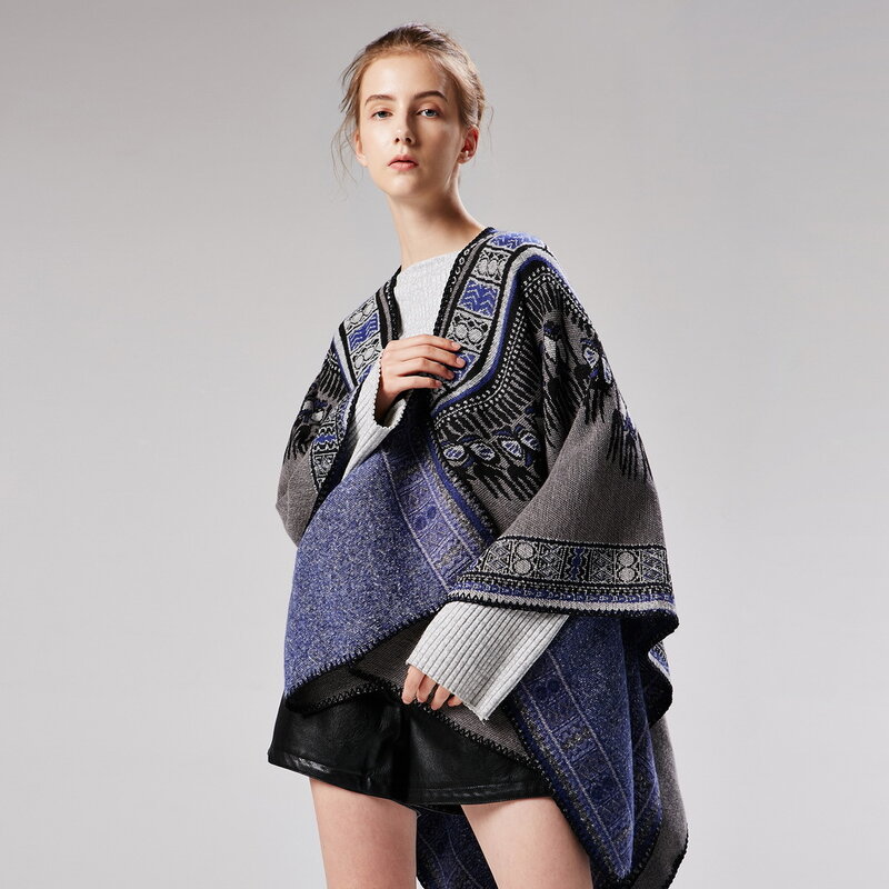 Ladies New Style Abstract Pattern Thick Split Dual-Use Shawl Cloak Плащ женский шаль
