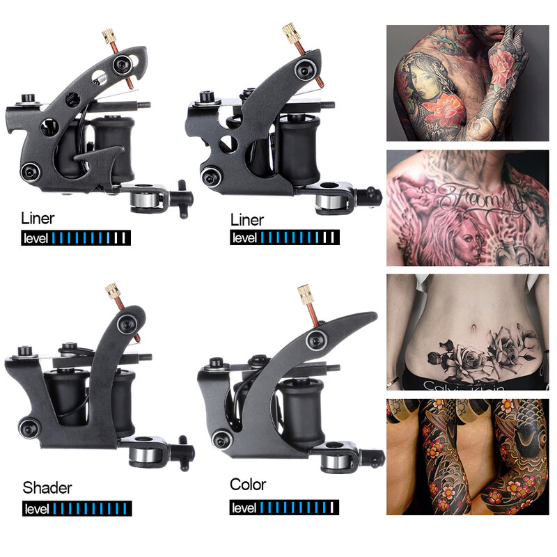 Solong 4 Tattoo Machines Guns Kits for Liner and Shader Professional Complete Four Coils Machine Sets 54 Inks Power Supply TK457