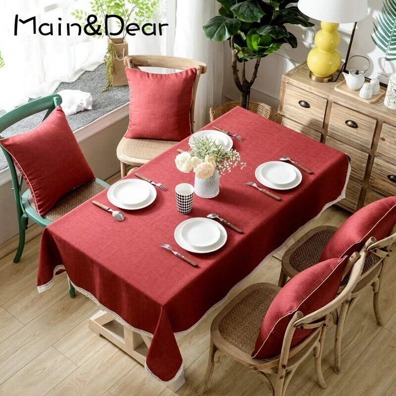Toalha de mesa retangular de algodão, cor sólida, decoração de hotel, piquenique, para casa, jantar, chá, com borla de renda