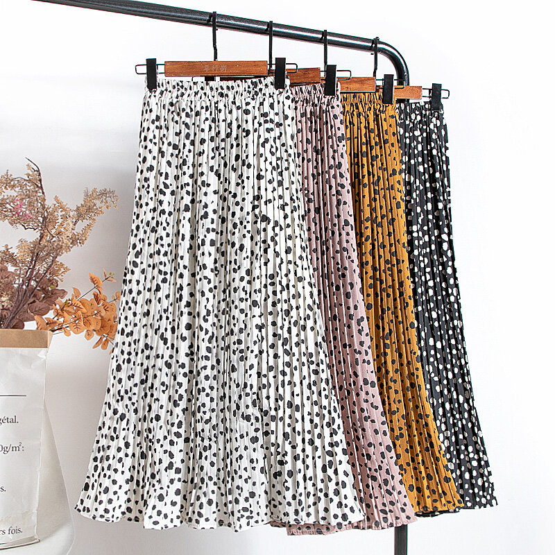 Croysier-Falda plisada de gasa para mujer, falda elástica de cintura alta, de verano, con estampado informal, longitud media pantorrilla, 2021