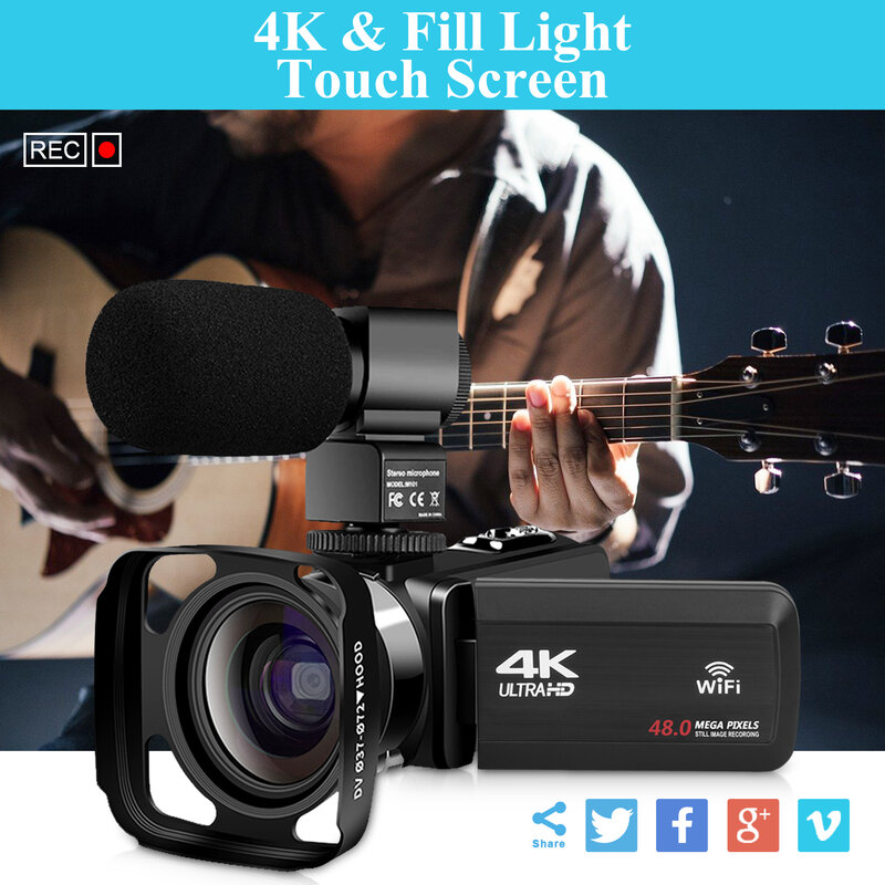Câmera de vídeo para vlogging, câmera filmadora 4k ultra hd 4k wifi 48mp com microfone, fotografia