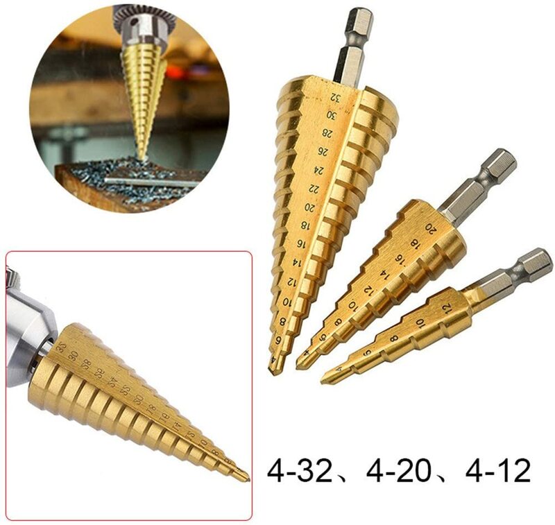 Broca titanium do cone do cortador do furo de madeira do aço de alta velocidade do metal das ferramentas elétricas de perfuração 4-12 4-20 4-32 de 3 pces hss