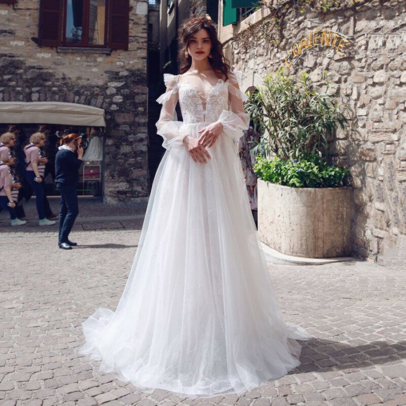 Thinyfull New Arrival Long Puffy Sleeve Pearls Button Wedding Dresses A Line Sheer Scoop Neck Tulle Lace Appliques Bridal Gown