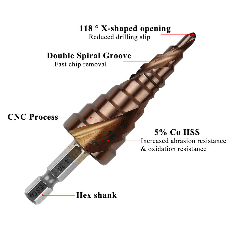 M35 HSS Cobalt Step Drill Bit High Speed Steel Cone Hex Shank Spiral Grooved Taper Point Drill Bits Hole Stainless Steel Cutter