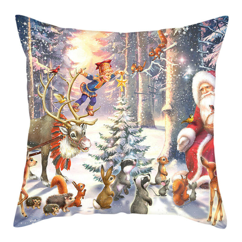 Fuwatacchi Weihnachten Santa Claus Kissen Abdeckung Eichhörnchen Deer Tiere Kissenbezug für Home Sofa Dekoration Kissen Abdeckung Weihnachten Geschenk