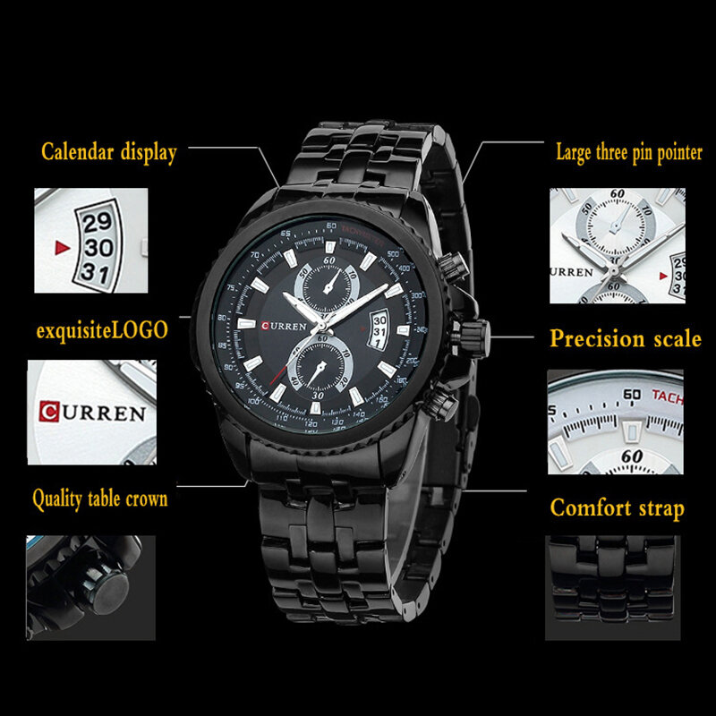 CURREN-Reloj de pulsera con correa de acero inoxidable para hombre, cronógrafo de cuarzo, luminoso, a la moda, con calendario