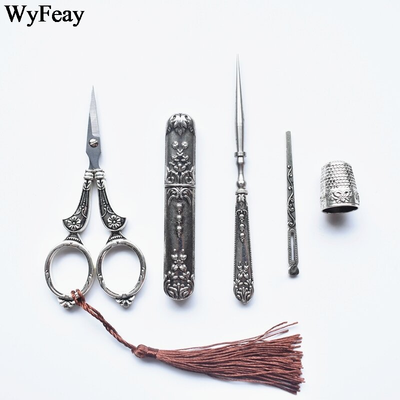 Retro tesoura conjunto requintado vintage scissor + tubo de armazenamento agulha awl threader dedal bordado tesoura costura suprimentos