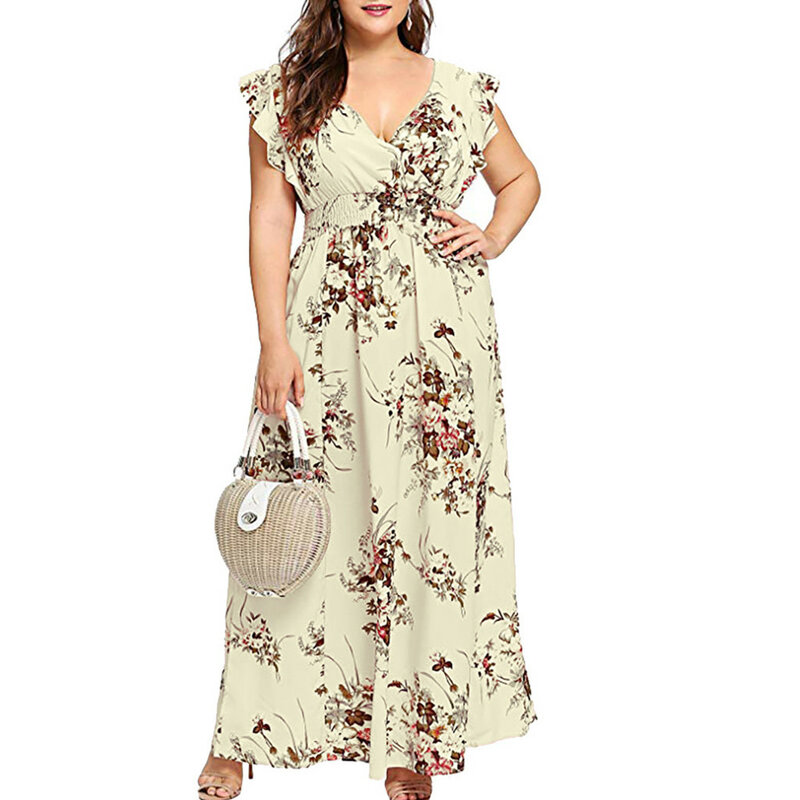 Женское платье большого размера повседневное длинное платье в стиле бохо с V-образным вырезом и цветочным принтом, вечернее платье на лето