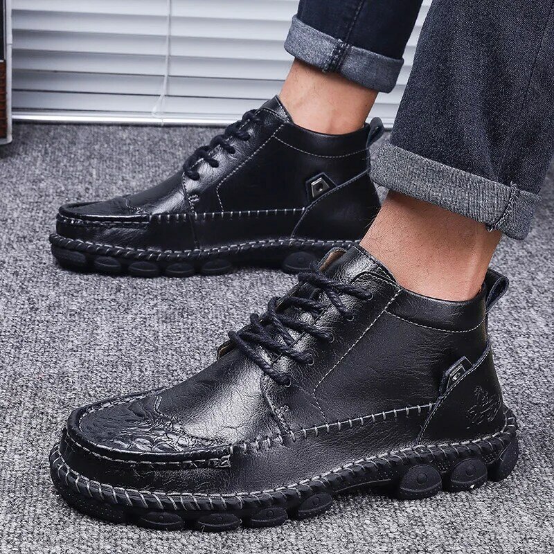 Botas planas de goma para hombre, zapatos informales para caminar al aire libre, zapatillas de cuero cómodas, botines, 2021