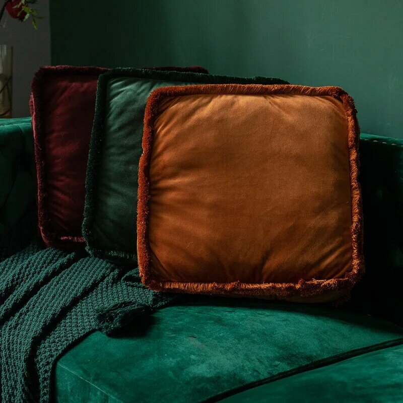 Coussin à pampilles en velours, couleur unie, coussin de canapé doux, oreiller carré épaississant multifonctionnel pour la maison