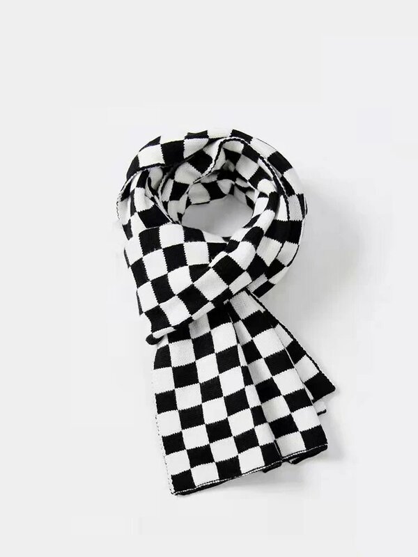 Anime Checkered Black White Plain Pattern Party Cosplay Knitted Winter Scarf Hat Gloves Women Neckerchief Female Scarves Wraps