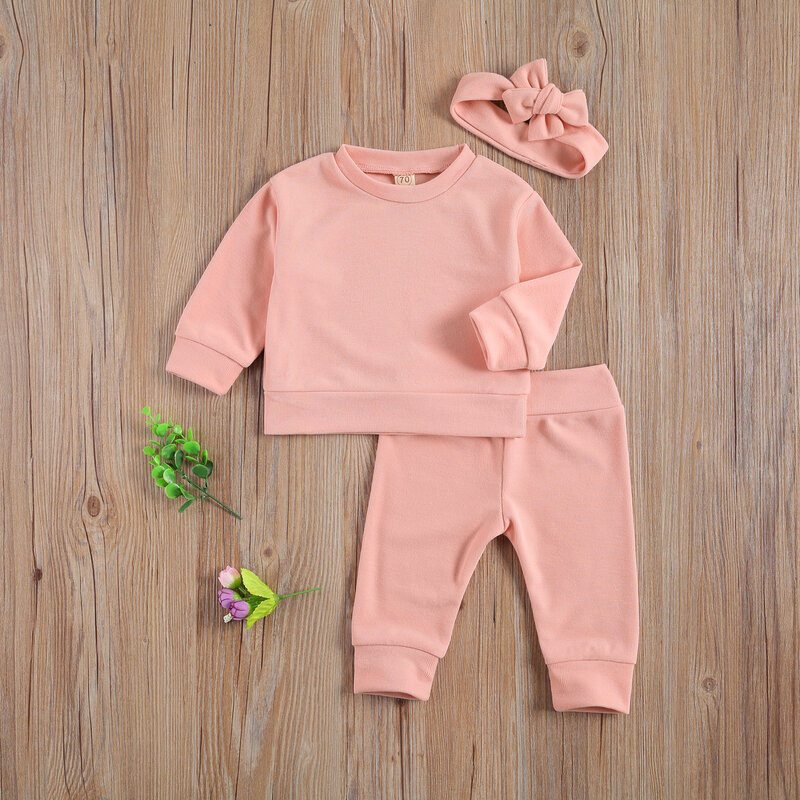 Conjunto de roupas para bebês meninos e meninas, outono 2020, manga longa, lisa, gola redonda, blusa + calça de cordão + tiara, conjunto