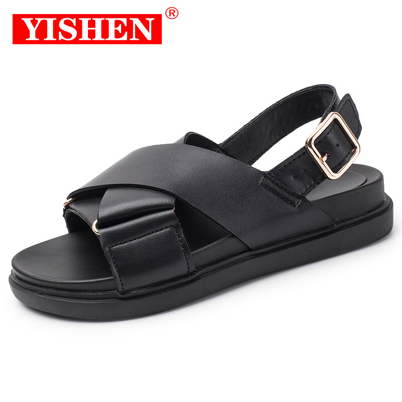 Yishen sandálias femininas de couro legítimo, metal detalhado com fivela no tornozelo alça plana romana para mulheres, sapatos para praia e verão