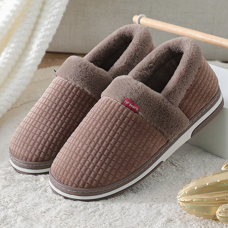 Zapatillas de casa con pelo corto para hombre, pantuflas de felpa antideslizantes para dormitorio, zapatos suaves para interior, Invierno