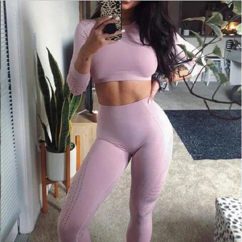 Women Fitness Yoga Sets Quick dry Workout Gym Clothes Running Clothing Long Sleeve Sports Crop Top Mesh Leggings Suit Sportswear