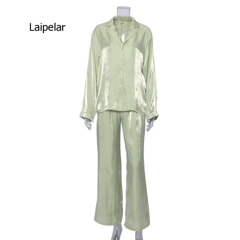 Conjunto de dos piezas Vintage para mujer, Top de manga larga y pantalones de cintura alta, elegante, verde, otoño