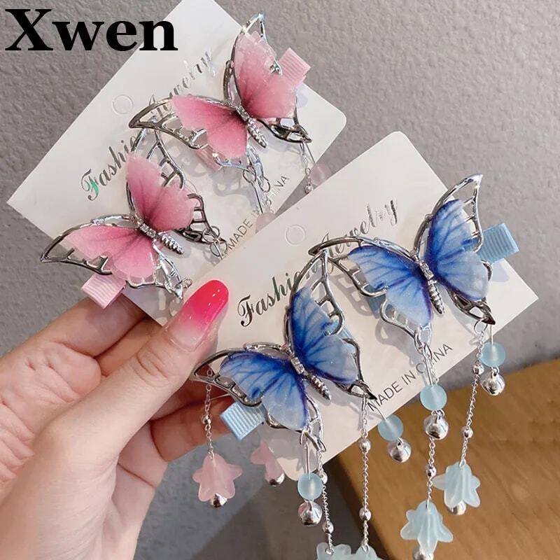 [Xwen] 蝶の人格子供女の子ヘアピンタッセル帽子クリップ古代スタイルヴァンテージファッションヘアアクセサリーOH200
