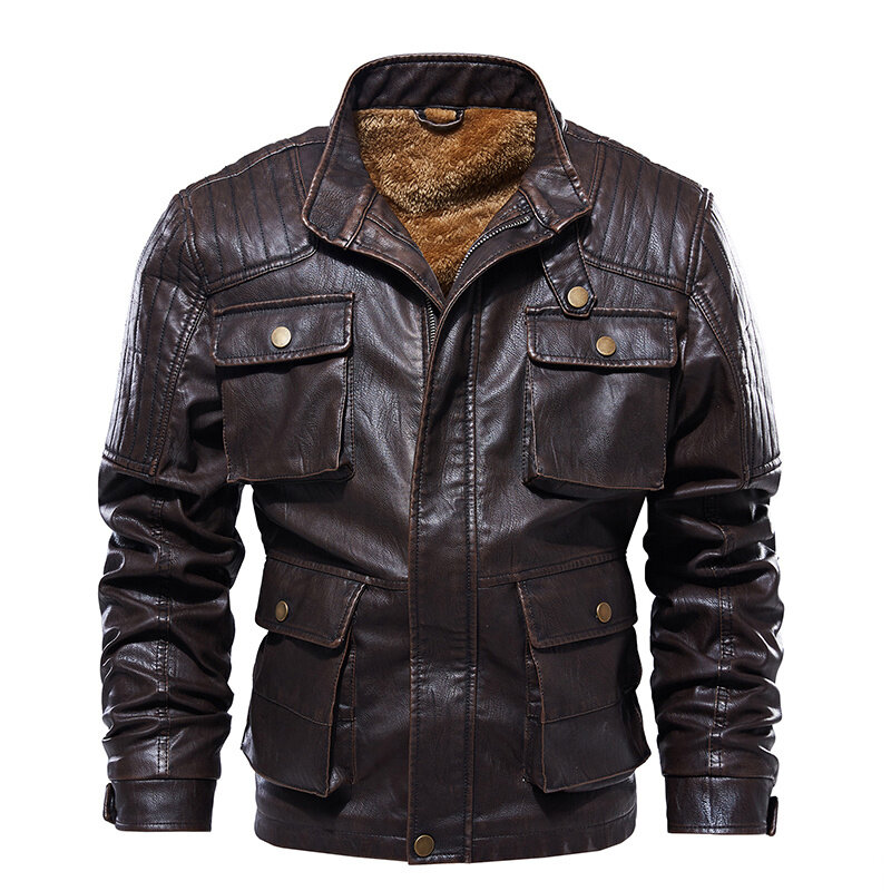 Veste de moto épaisse en cuir pour hommes, coupe-vent Vintage multi-poches, doublure en laine, grande taille, hiver L-5XL