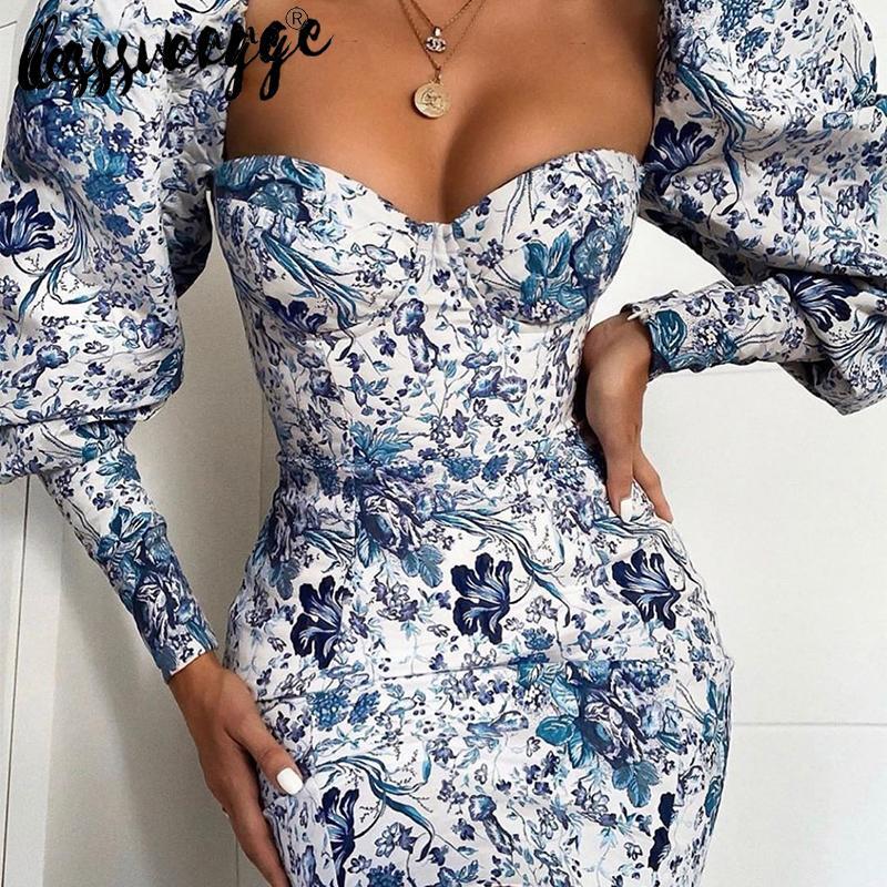 Lessverge – robe de soirée Vintage à manches bouffantes pour femme, imprimé Floral, bleu, moulante, Mini, Streetwear, automne hiver, élégante