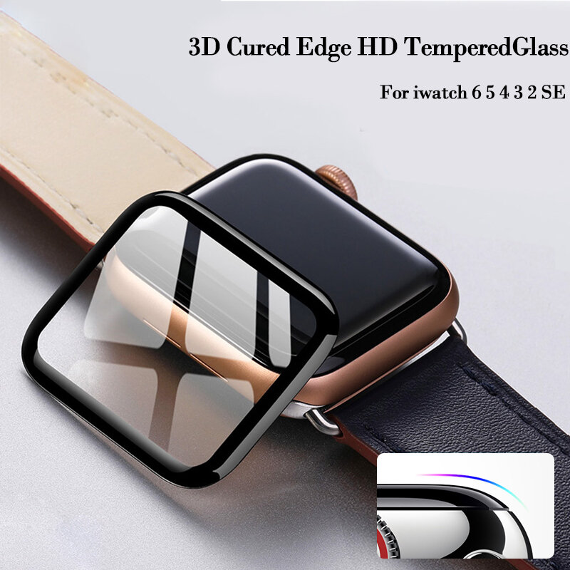 Pelicula de vidro protetora com vidro temperado 3D com borda curva HD, para Apple Watch Series 3 2 1 38mm 42 mm, filme protetor de tela para iWatch 4/5/6/SE 40mm 44mm
