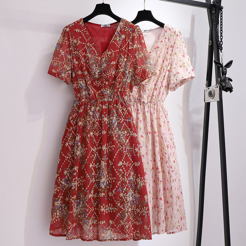 짧은 소매 수 놓은 꽃 드레스 6XL 대형 여성 여름 단추 V 목 캐주얼 파티 특대 드레스 플러스 크기 Vestidos