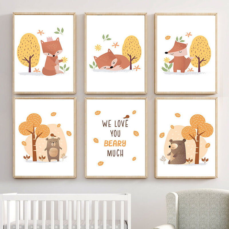 Cute Animal Bear Fox Yellow Number Nursery Wall Art Canvas Painting Nordic Posters And Prints Wall Pictures Kids Baby Room Decor