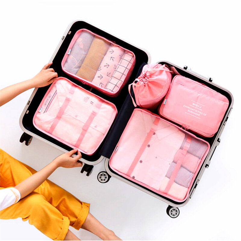 Mulher zip bags para viajar sacos de viagem organizadores mulheres casos de viagem saco de armazenamento de roupas 1 conjunto 6-pieces cosméticos roupa interior