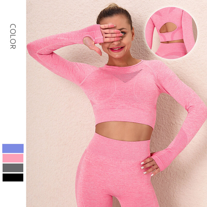 Women's Sport Fitness Yoga Crop Tops T-Shirts Long Sleeve Running Backless Blouse For Sexy Female Gym Clothing Workout Tracksuit