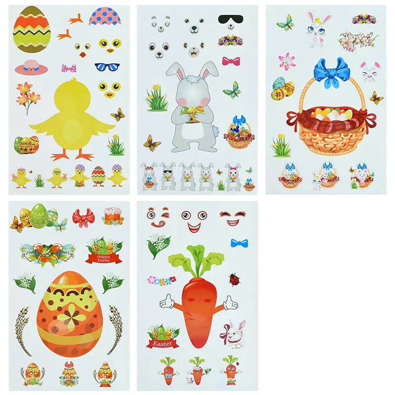 5Pcs DIY Puzzle Games Toys Make-A-Bunny Egg Chick Easter Cute Stickers Kids Girls Craft Decoration Kawaii Party Favor Supplies