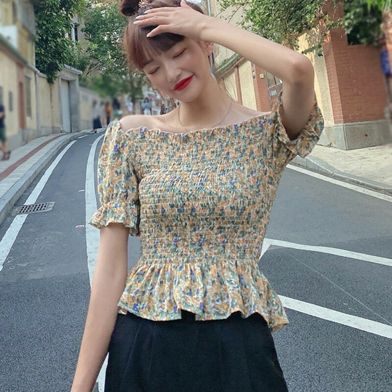 Блузка женская с коротким рукавом, элегантная винтажная рубашка, топ с цветочным принтом, на лето
