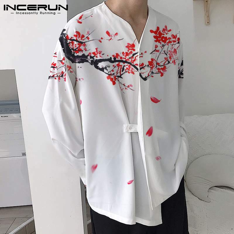 Novo masculino casual blosue estilo chinês camisa all-match streetwear elegante impressão de mangas compridas camisa S-5XL incerun topos 2021