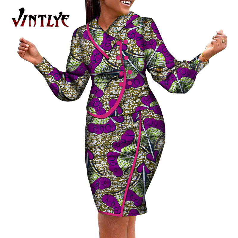Fashion Africa Clothes for Women Asymmetric Turn Down Collar Long Sleeve Print Shirt and Knee Length Skirt Dashiki Women Clothes