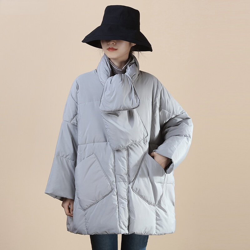 Inverno feminino cachecol em torno do pescoço outwear elegante feminino 90% pato branco para baixo jaqueta casual solto sólido quente casaco de neve