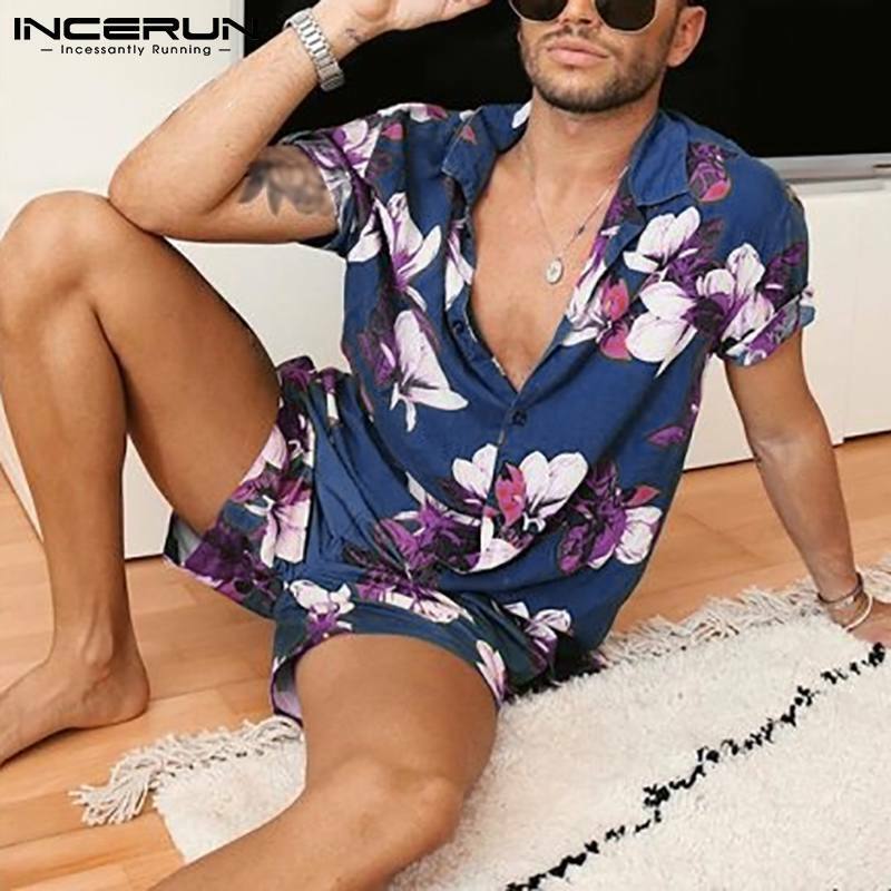 Incerun homme Hawaiian Beach Floral Combinaison Imprimée Short chemises courtes fantaisie Set
