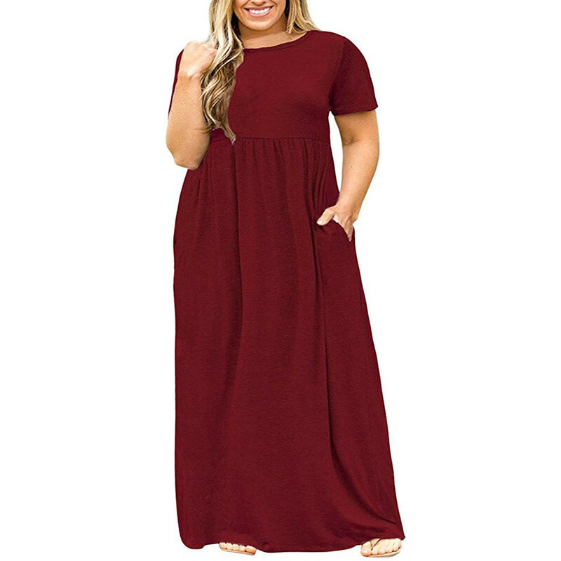 Gaun Ukuran Plus untuk Wanita Gaun Panjang Saku Longgar Solid Lengan Pendek Musim Panas Leher-o Kasual Gratis Ongkos Kirim