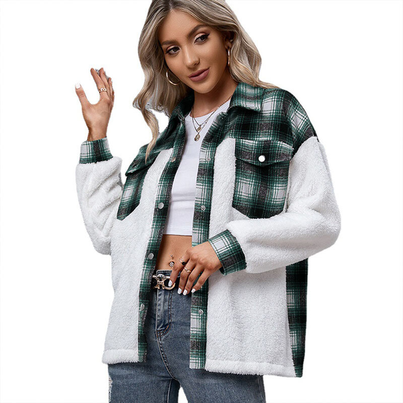 2021 outono e inverno roupas grossas cashmere de manga comprida costura solta casual plush shirt, jaqueta xadrez casaco topo feminino
