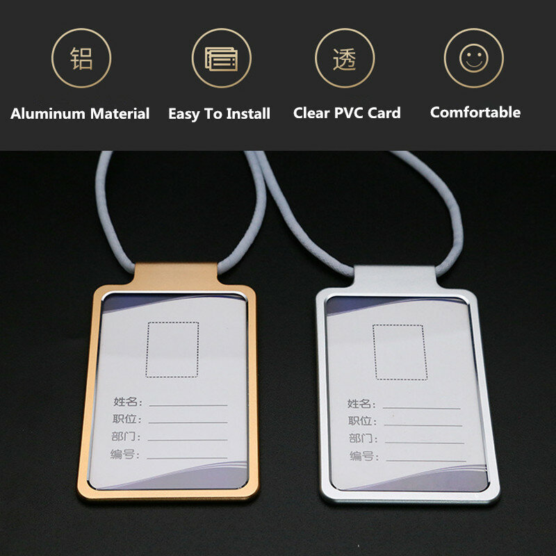 Portatarjetas de aluminio con cordón desmontable para el cuello/correa para tarjeta de identificación, tarjeta de trabajo, etiqueta de nombre