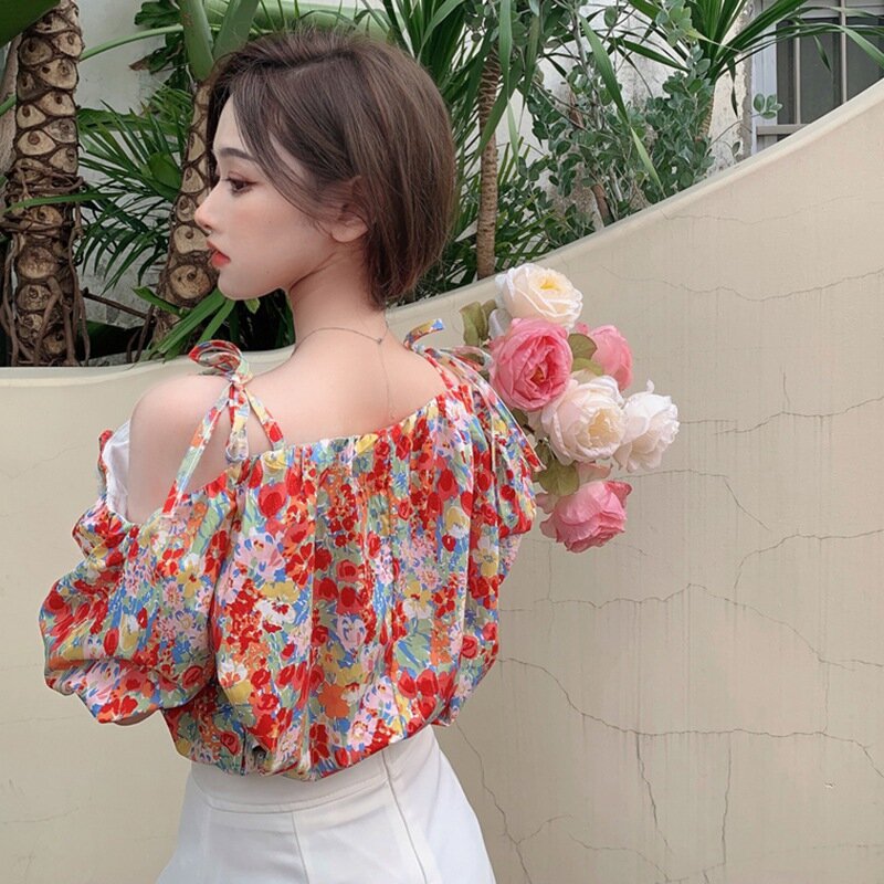 EFINNY camicia floreale a maniche lunghe a sbuffo con scollo a barchetta da donna camicette da donna dolci senza spalline rosse estive