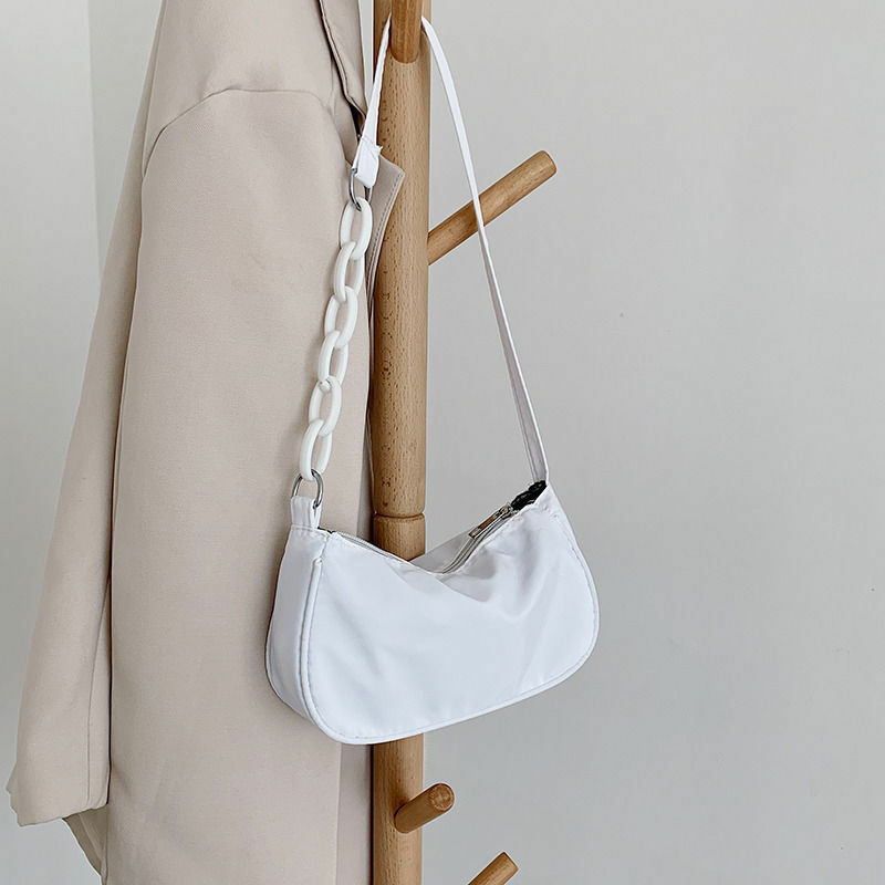 2020 New Hobo Bag,Half Moon Nylon Shoulder Bag,Black /white Chain,Oxford,8 Inch